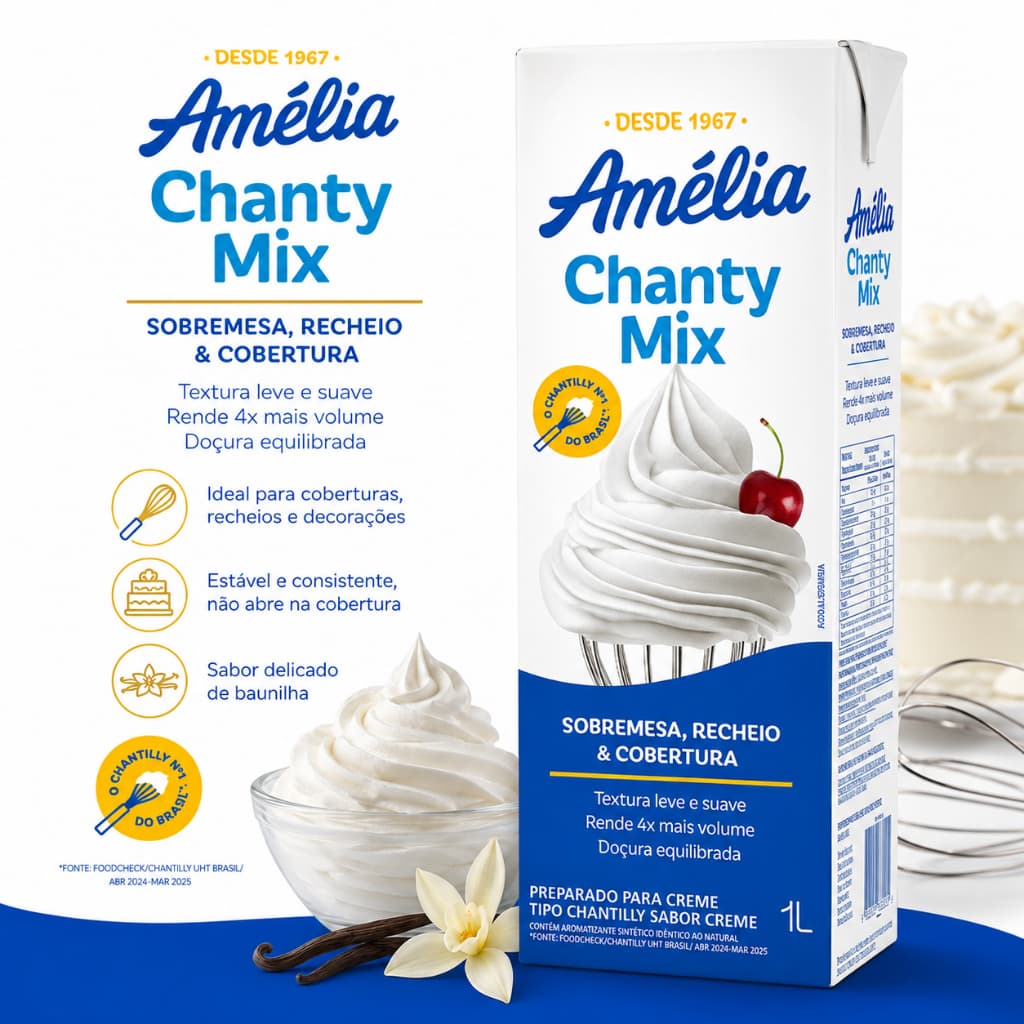Chantilly amelia  mix 1 litro - Cobertura e Recheio Pronto para Bater | Uso Profissional