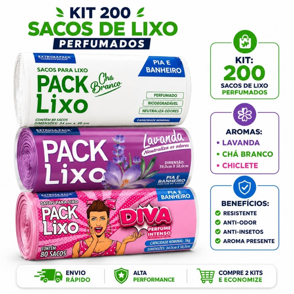 Kit Sacos Lixo Perfumado Lavanda Chiclete Chá Branco 8L 34X38cm Anti Odor Pia Banheiro Reforçado