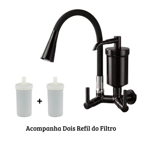 Torneira com Filtro Parede Cozinha Gourmet Flexível 1/4 Volta Preta Luxo + 2 Refil Filtro