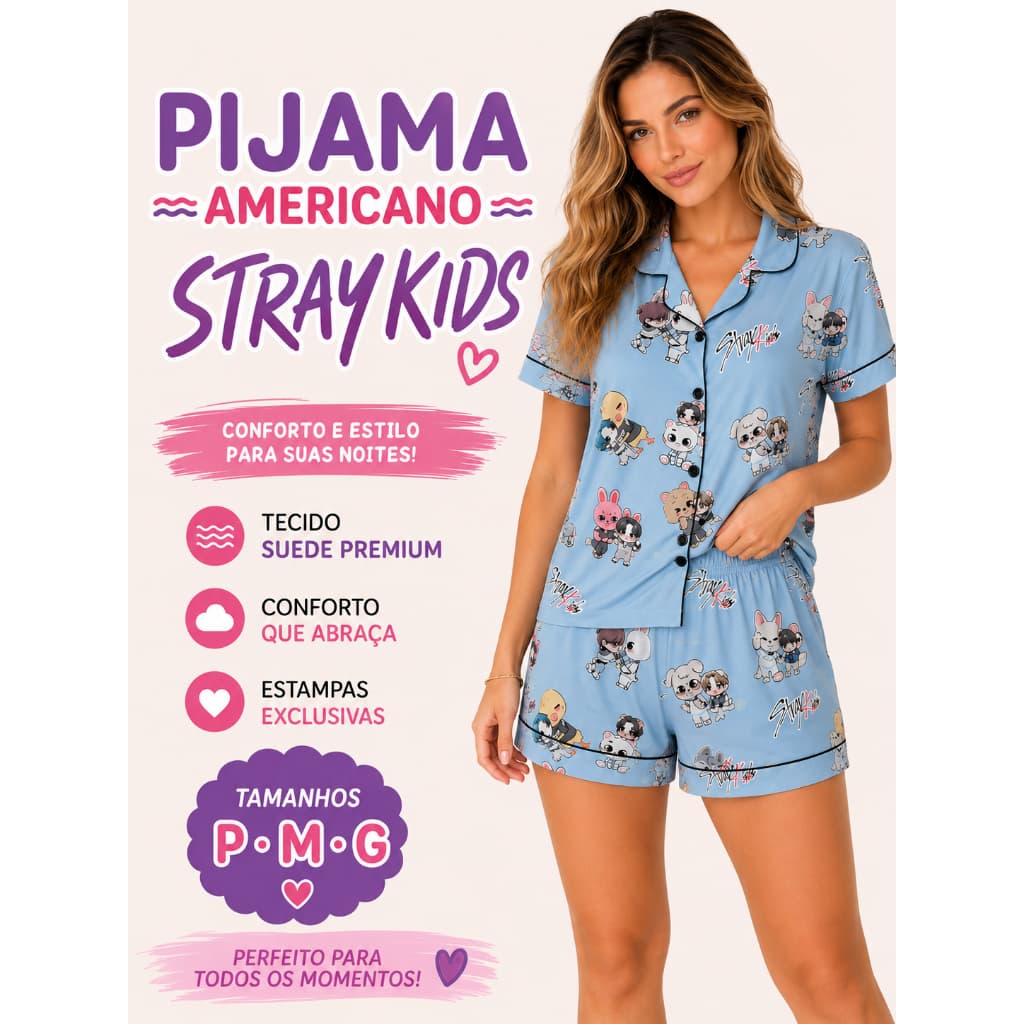 Pijama Stray Kids Feminino Curto Americano | Tecido Suede Premium | P, M e G GG (Adulto e infantil)