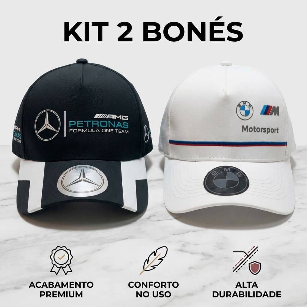 Kit 2 Boné BMW Motorsport Mercedes AMG Petronas Fórmula 1 Aba Curva Bordado Premium Carro Dia a Dia