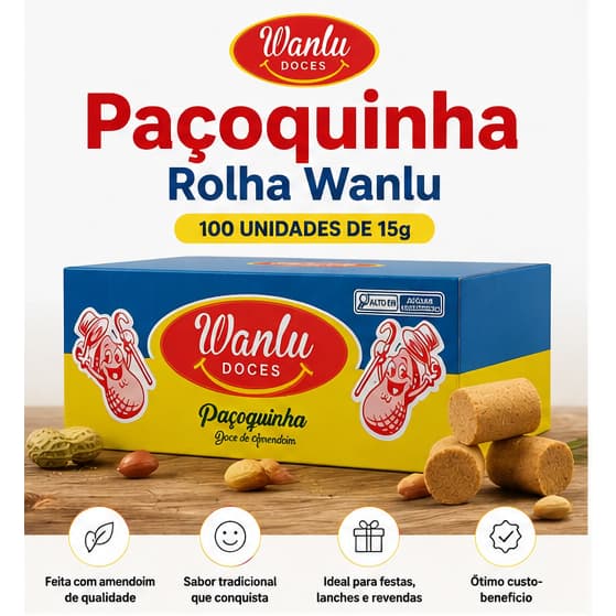 Paçoca Rolha Caseira Wanlu 100 Unidades 1,5kg Doce de Amendoim Embalado