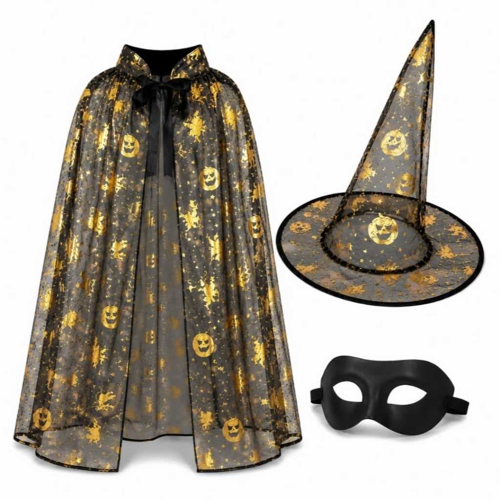 Kit Fantasia Capa Chapéu e Mascara Halloween dias das Bruxa Mago 120 CM cor Preto Dourado e Prata Adulto Juvenil