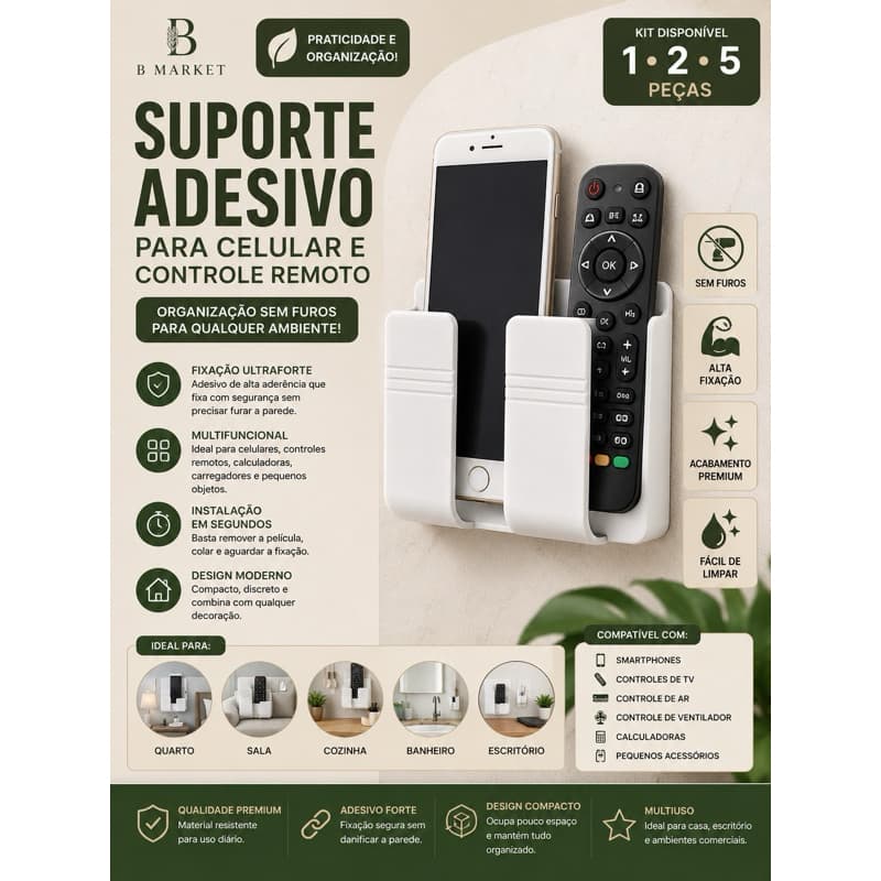 Suporte para Celular e Controle Remoto - Instalação Sem Furar, Adesivo Resistente, Branco, 1 Pc