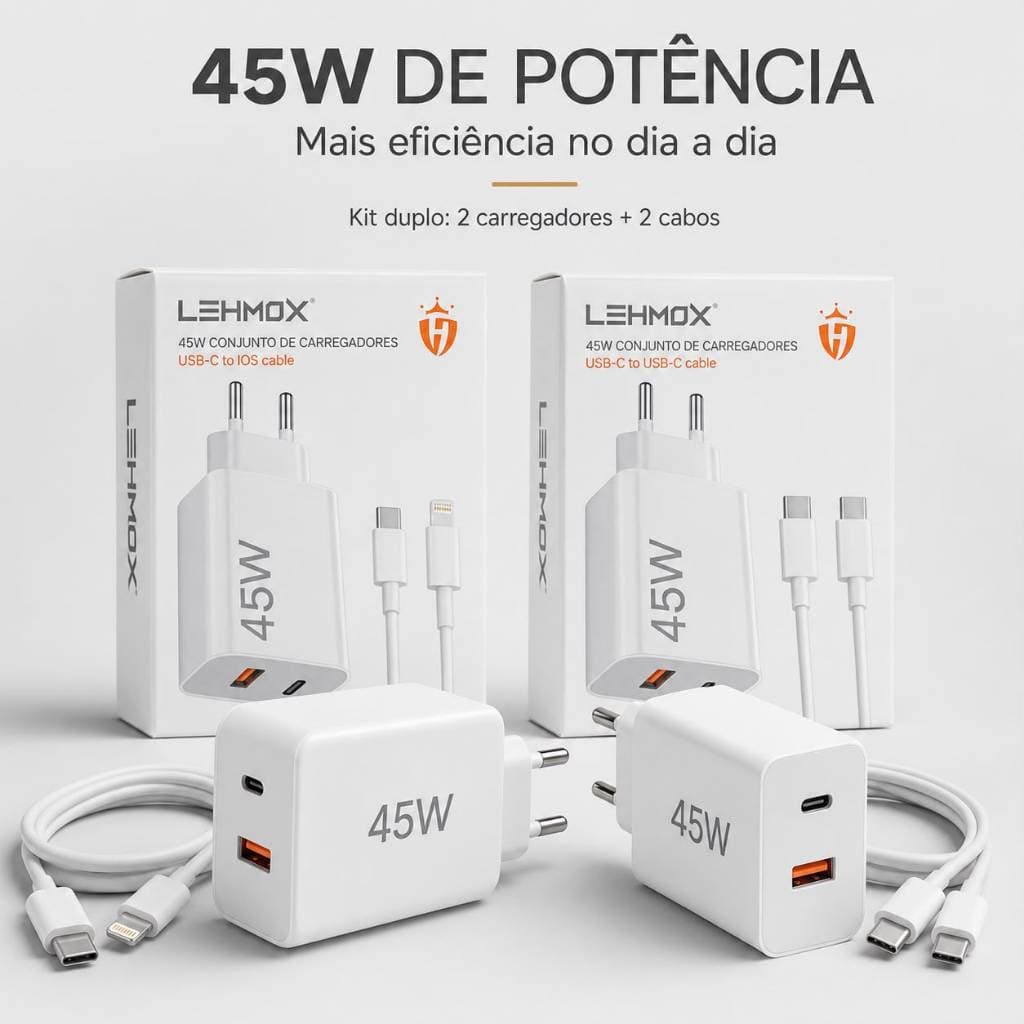 Kit 2 Carregadores Completo Turbo 45W Original LEHMOX USB-C + USB-A Com Cabo Lightning e Tipo C