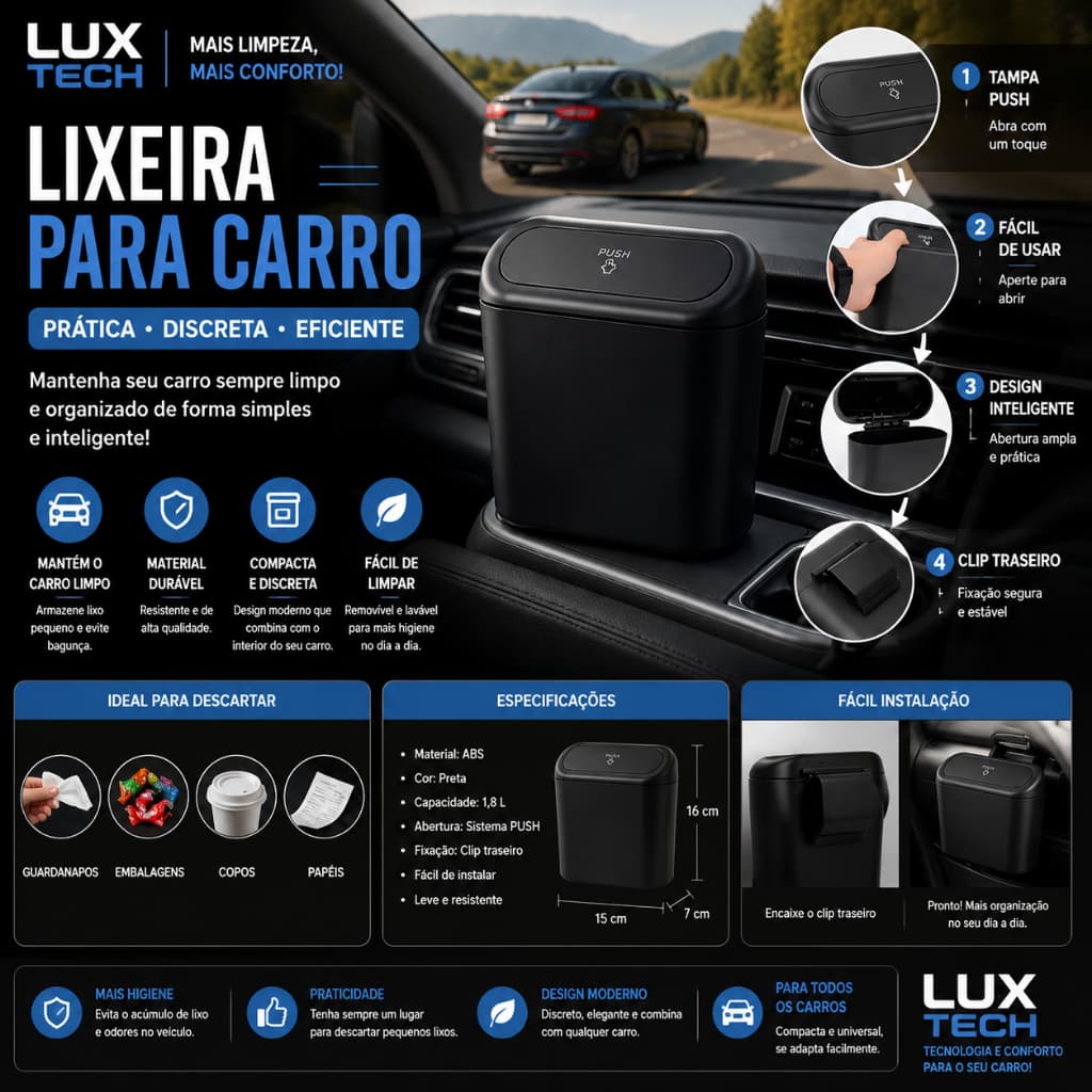 Porta Objeto Preto Lixeira Automotiva Interna Carro