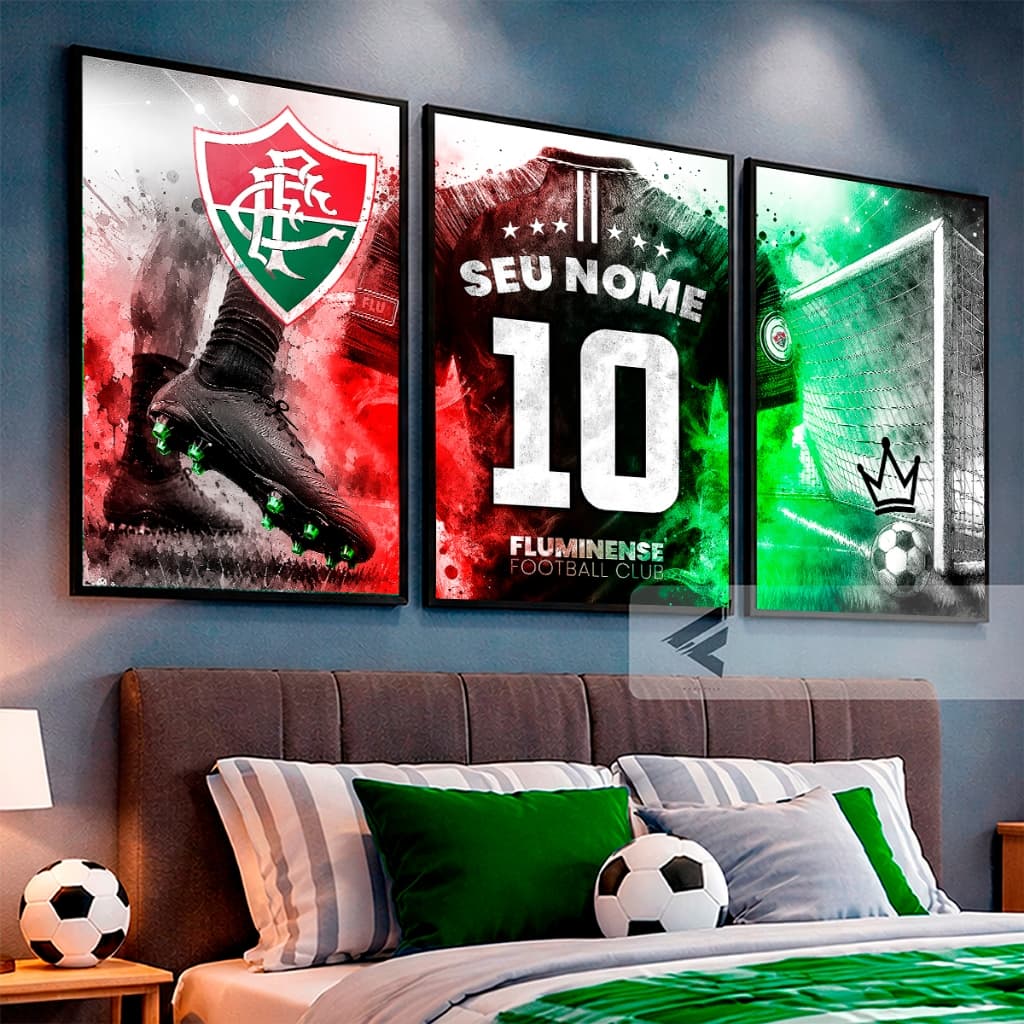 Quadro Time Futebol Nome Personalizado Kit 3 Quadros Infantil Futebol Quarto Decoração Menino(a)