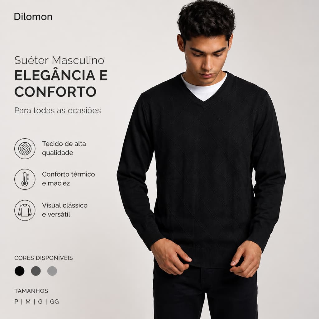 Dilomon Suéter Gola V Masculino - Malha Lisa Térmica - Confortável para o Frio - Moda Inverno