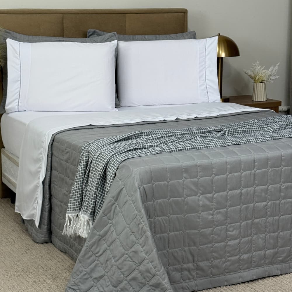 Kit Cama Posta Completo Cinza e Branco 8 Peças Com Manta Decorativa  Luxo Premium (Casal/Queen/King)