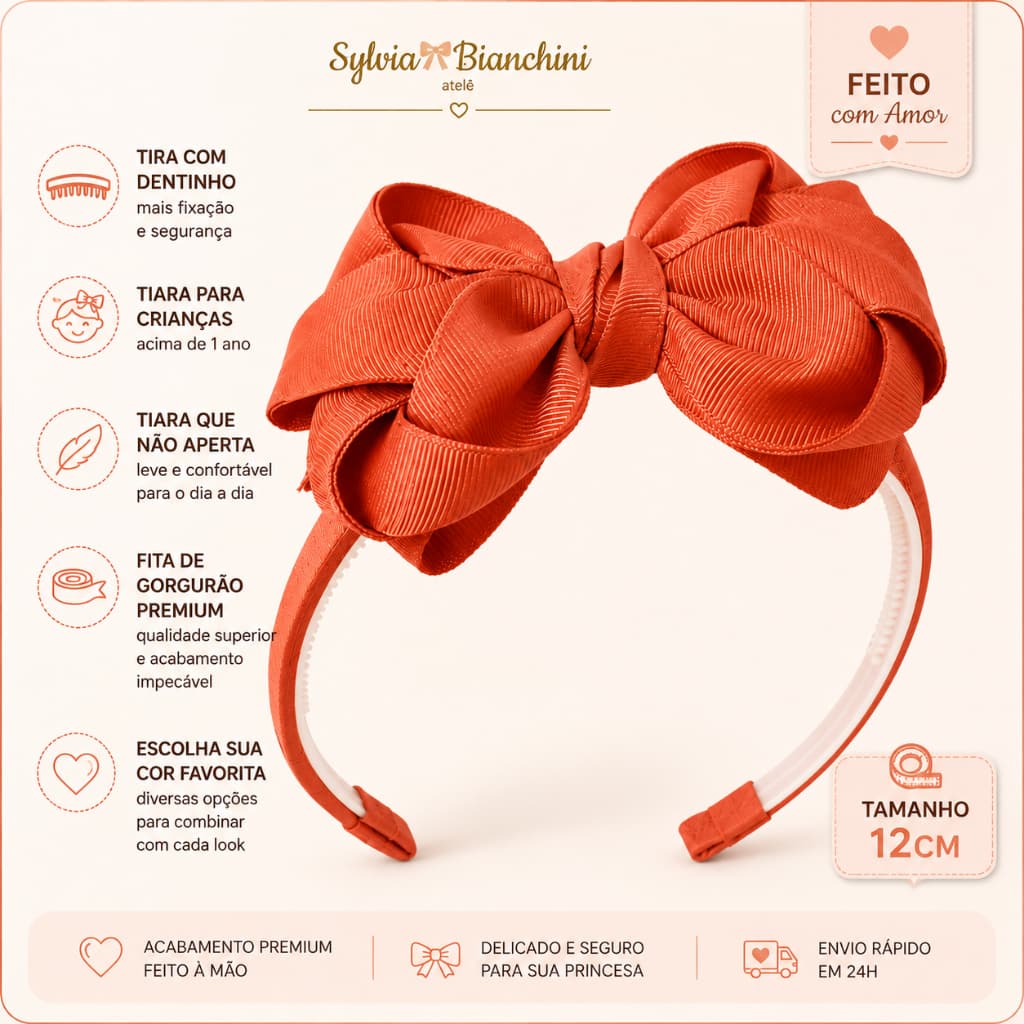 Tiara Infantil Laço Boutique 12cm Gorgurão Bebê Menina Premium