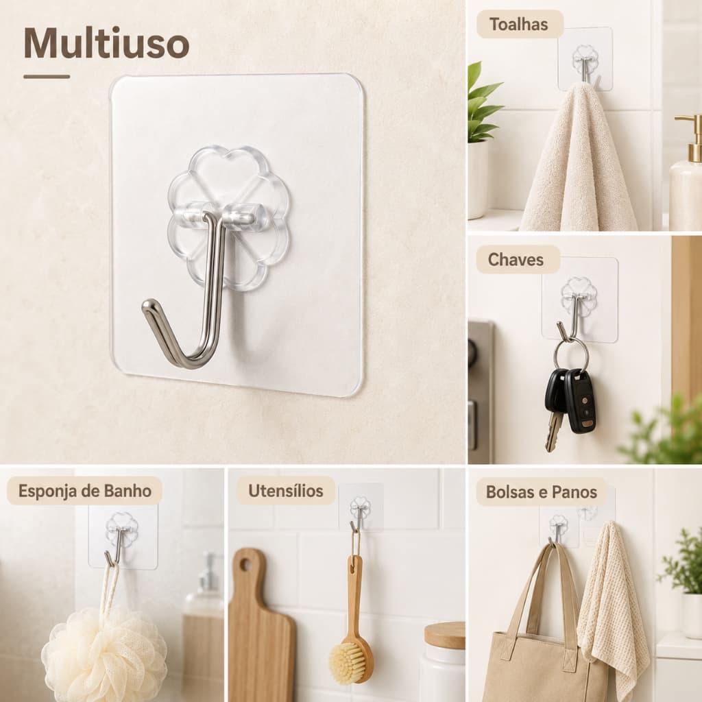 Gancho Adesivo de Parede sem Furo com Base Transparente e Aço Inox Impermeável para Banheiro e Cozinha