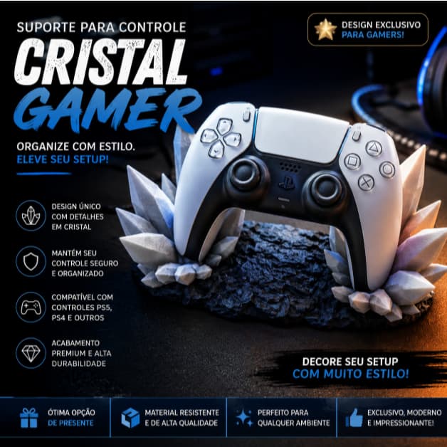 Suporte para Controle PS5 Cristal Gamer – Organizador Premium para DualSense | Impressão 3D