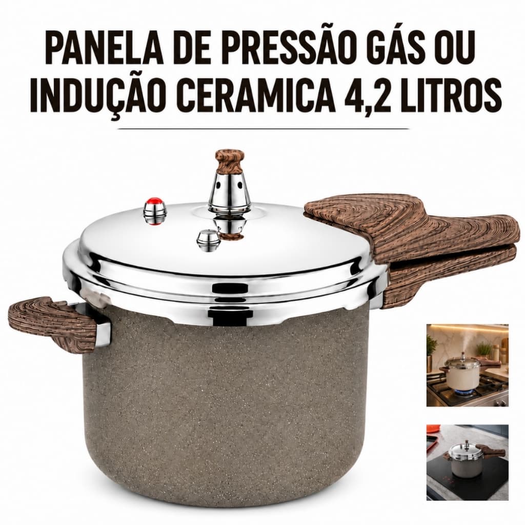 Panela de Pressão Fechamento Externo Antiaderente 4,2L Cozimento Rápido 20cm Indução Gás Cerâmico