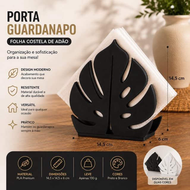 Porta Guardanapo Moderno Folha Costela de Adão Preto Mesa Posta