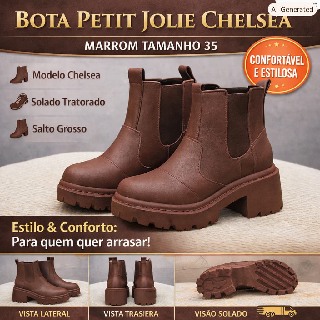 Bota Feminina Petit Jolie Chelsea Marrom Tamanho 35 Solado Tratorado Salto Grosso – Conforto e Estilo em Ótimo Estado