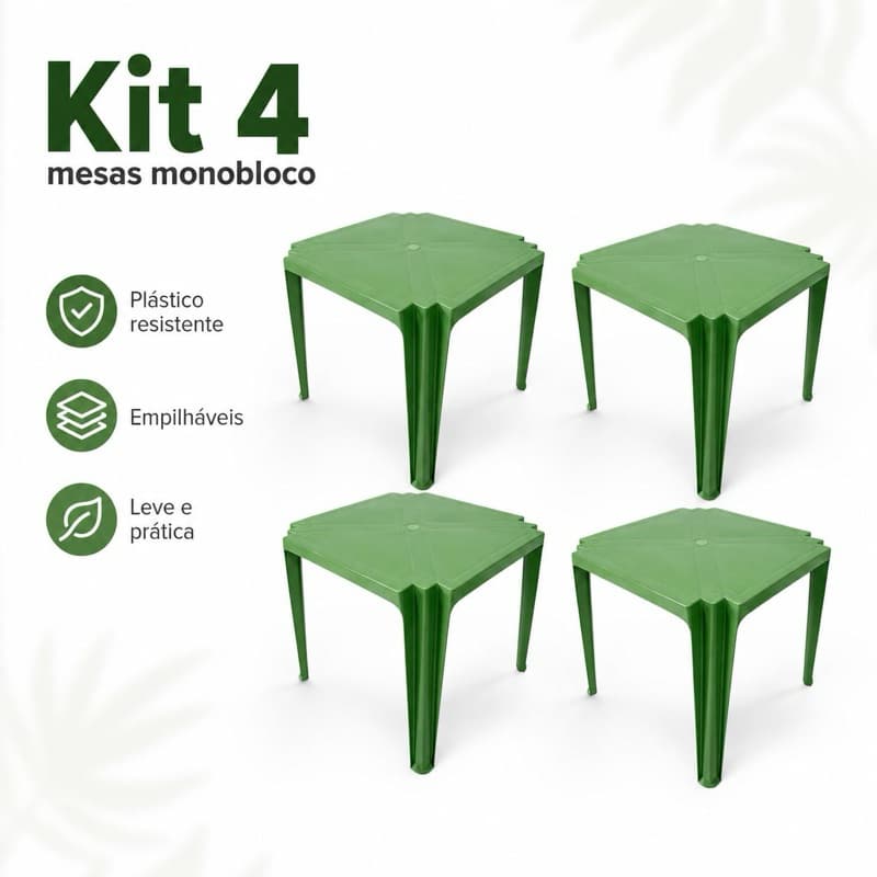 Kit 4 Mesas Monobloco Plástica Verde Empilhável Resistente Jardim Bar Restaurante Festa Deck Área Gourmet Piscina Evento