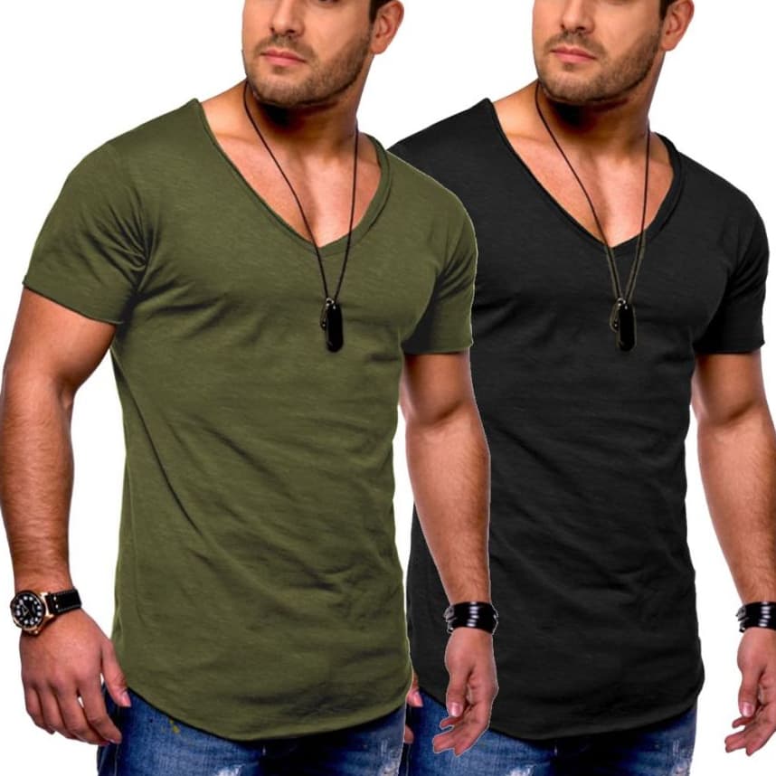 2 Camiseta V Longline Oversized Casual Slim Fit Malha Confortável Balada Várias Cores