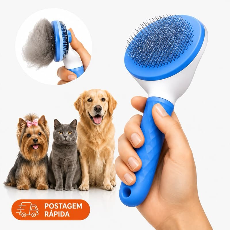 Escova Removedora de Pelos Pet Autolimpante para Cães e Gatos Tira Pelos e Massageadora
