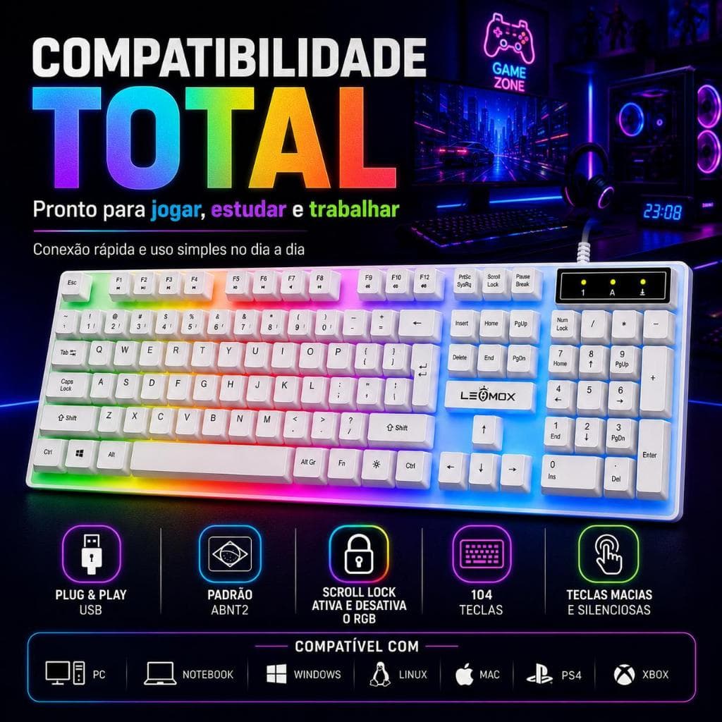 Teclado Gamer RGB Branco com Fio USB ABNT2 104 Teclas Multimídia para PC Notebook PS4 Xbox Lehmox LEY 2085 top