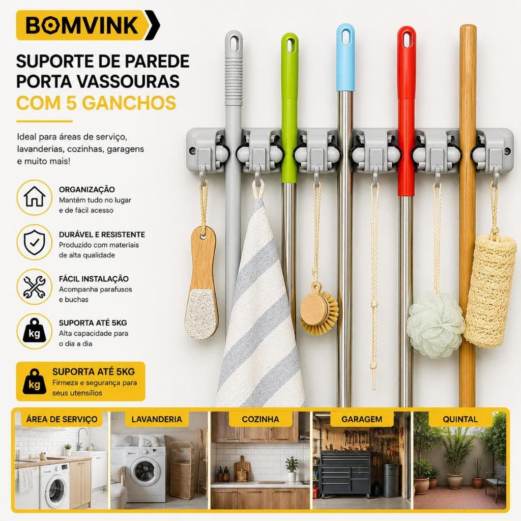 Suporte de Parede Porta Vassouras Bomvink com 5 Ganchos Organizador Multiuso para Vassoura Rodo e Ferramentas