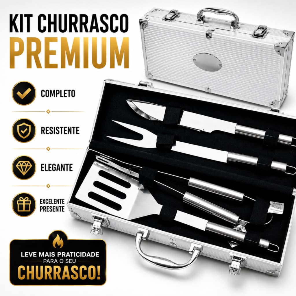 Kit Churrasco Profissional Inox com Maleta 4 Peças Churrasqueiro Completo Jogo de Utensílios