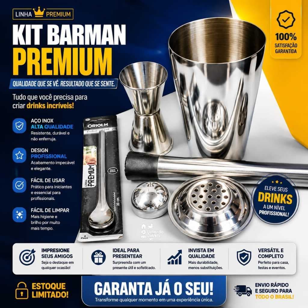 Kit Barman Premium em Aço Inox 5 Peças Coqueteleira 750ml + Dosador Duplo + Macerador + Colher Bailarina + Coador
