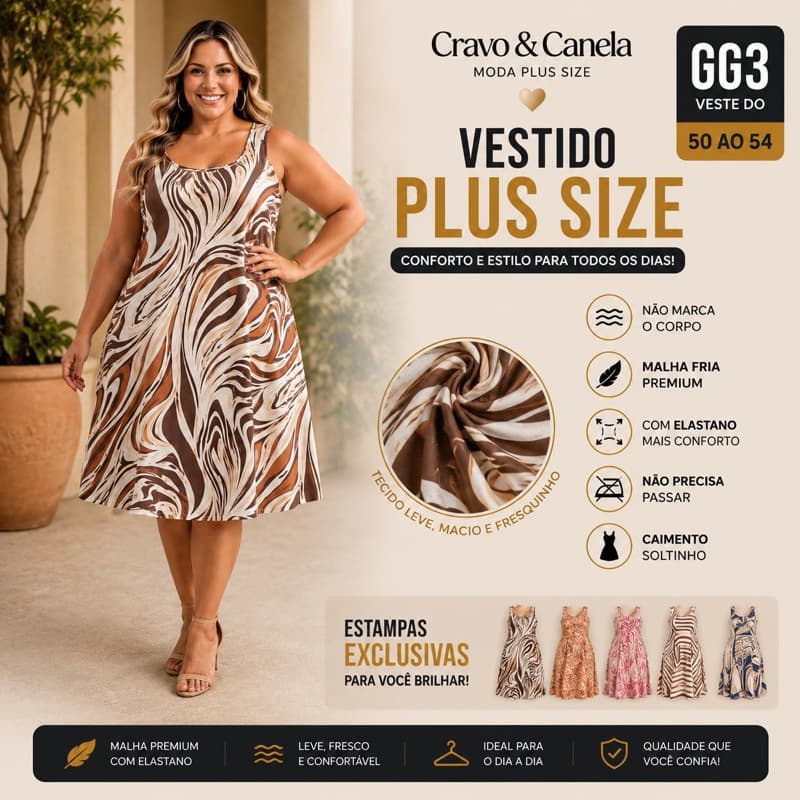 Vestido Plus Size GG3 Alça Larga Soltinho Malha Fria com Elastano Veste 50 ao 54 Não Marca o Corpo Confortável