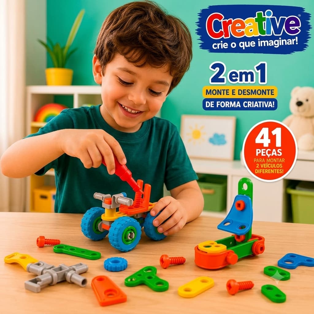 Kit Criativo Monta e Desmonta 2 em 1 Educativo 41 Peças Modelo 01 Brinquedo Infantil Plástico Coordenação Motora