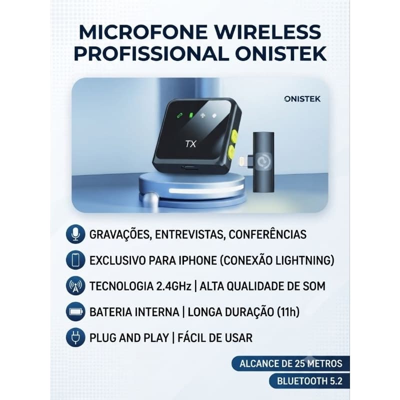 Microfone Lapela Sem Fio Para iPhone Lightning Onistek Profissional Para Vlogs Live Gravação Entrevistas
