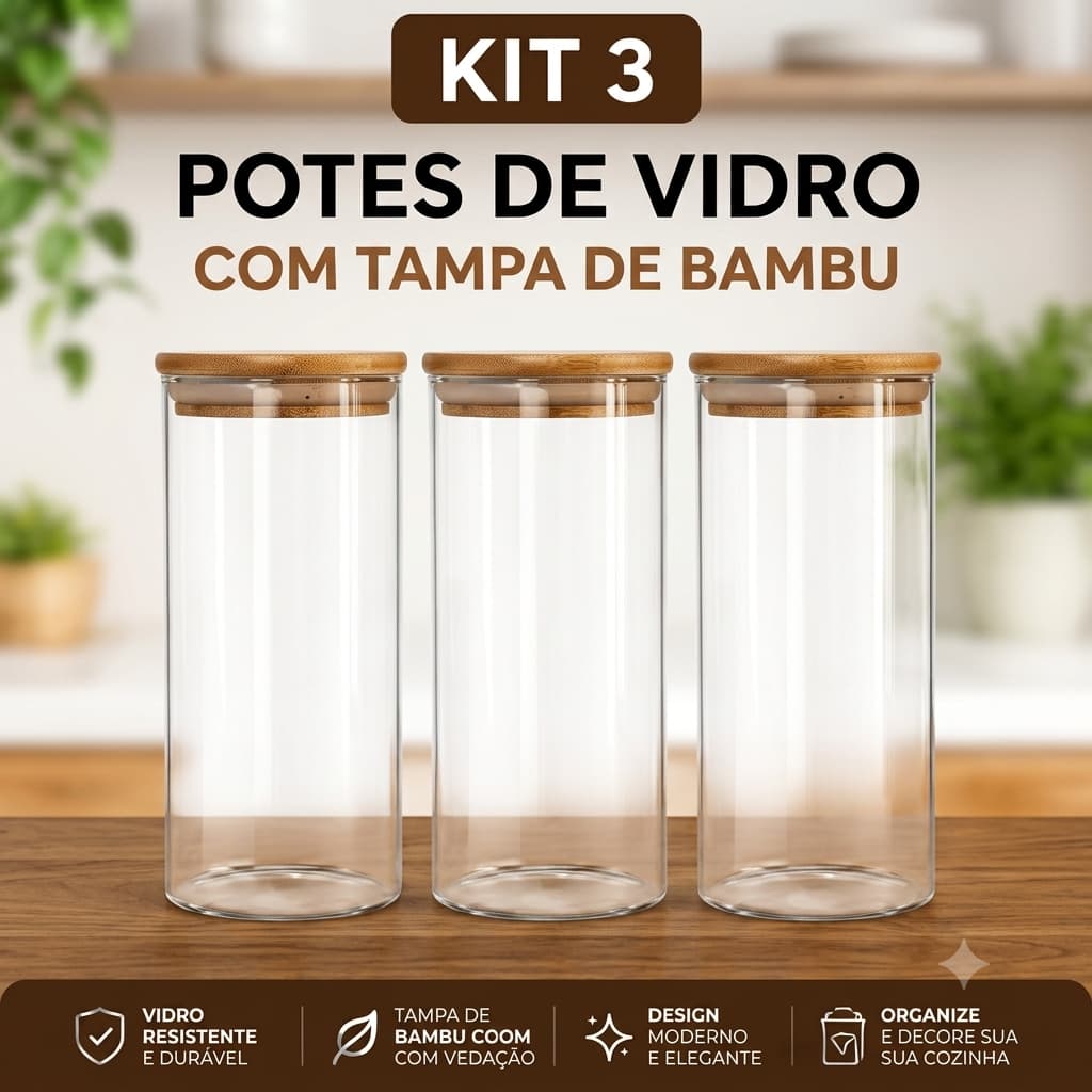 Kit 3 Potes Porta Condimentos Temperos De Vidro com de Tampa De Bambu Hermética 1.100ml