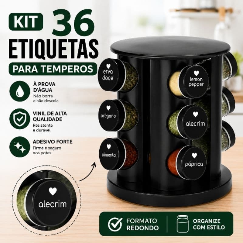 Kit 36 Etiquetas Para Potes De Temperos Adesivo Vinil Preto Redondo À Prova D'água Cozinha Organização Condimentos Manti