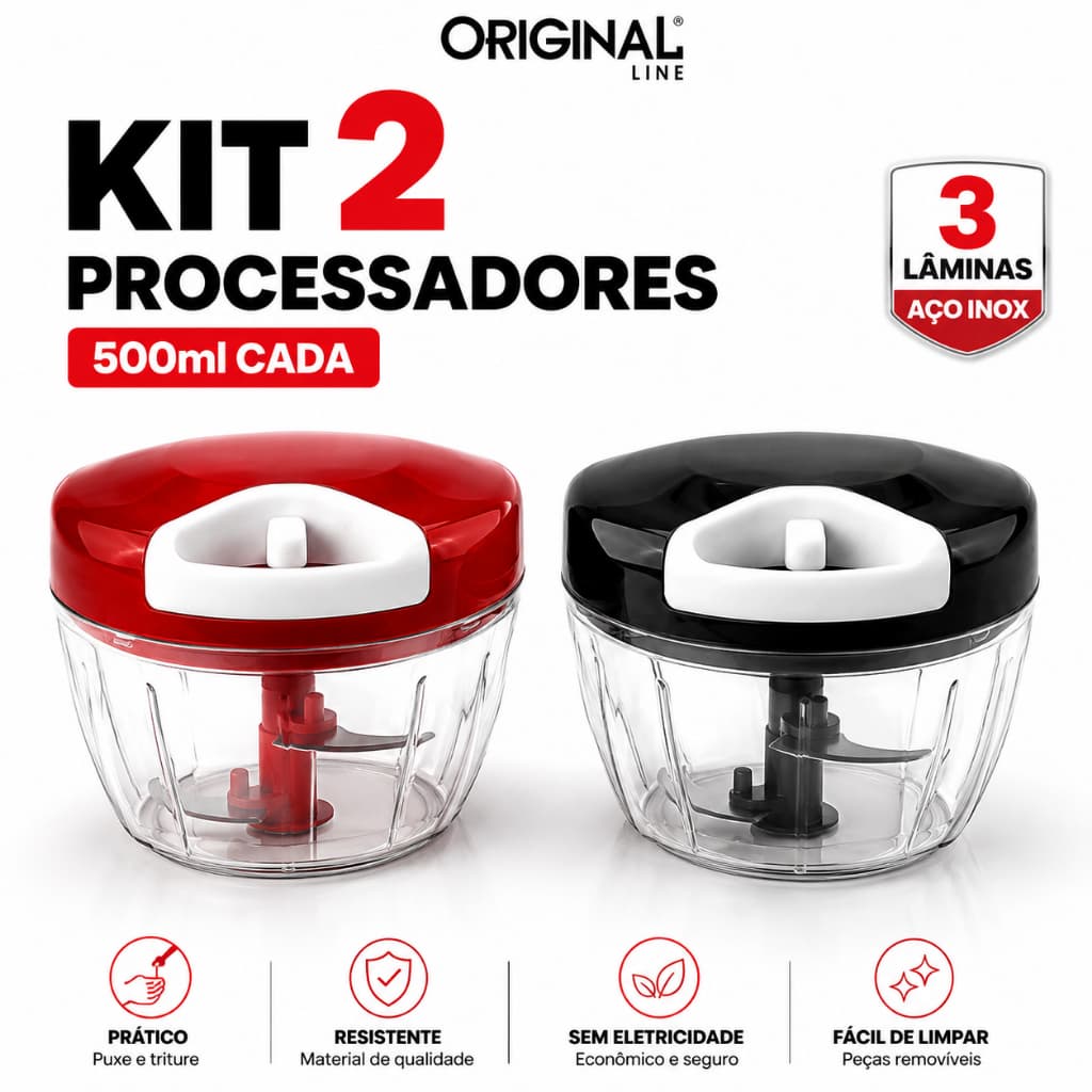 Kit 2 Processadores de Alimentos Manual 500ml 3 Lâminas Aço Inox