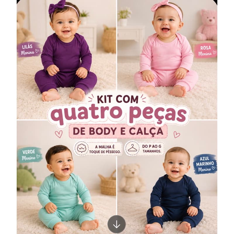 kit 4 peças Body mijao calça e body manga longa infantil bebê feminino e masculino
