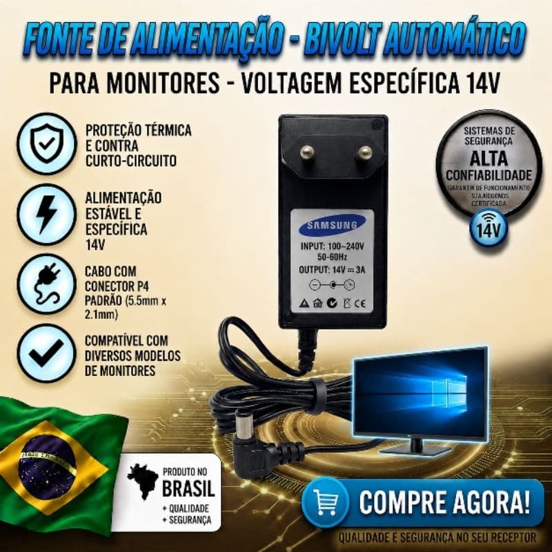 Fonte Monitor Samsung 14v 3a S20b300b Ls19a300 S20b300 Bivolt t