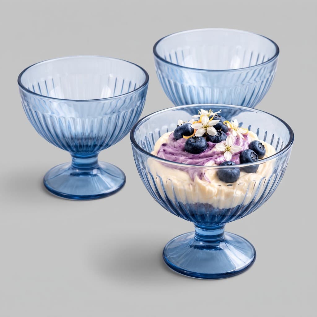 Kit 3 Taças para Sobremesa em Vidro Azul 260ml Blue Athena com Pé para Sorvete Mousse e Açaí