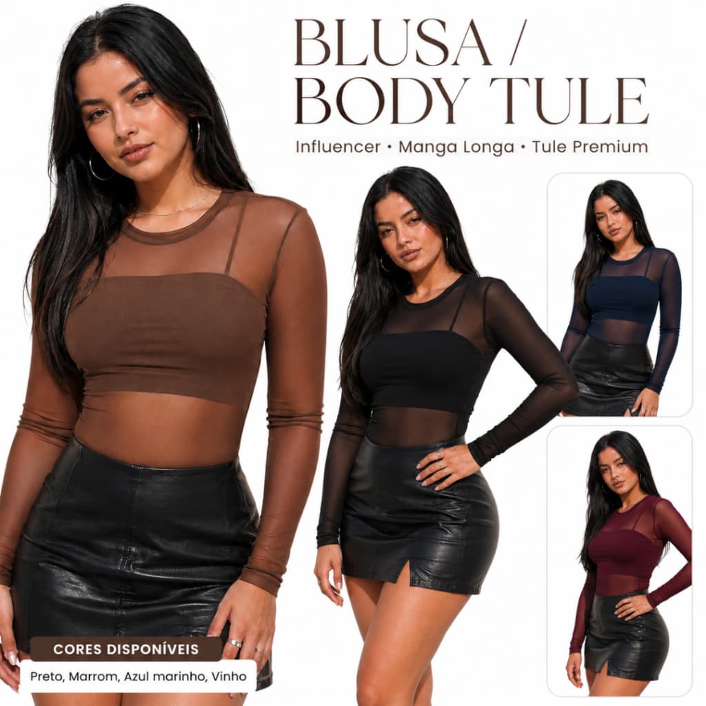 Kit 2 Body Tule Transparente Manga Longa Gola Alta Segunda Pele Modelador Moda Inverno Rodeio Balada