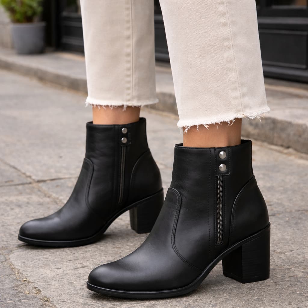 Bota Feminina Cano Curto Baixo  Com Ziper Lateral Na Moda Inverno Estilosa Preta