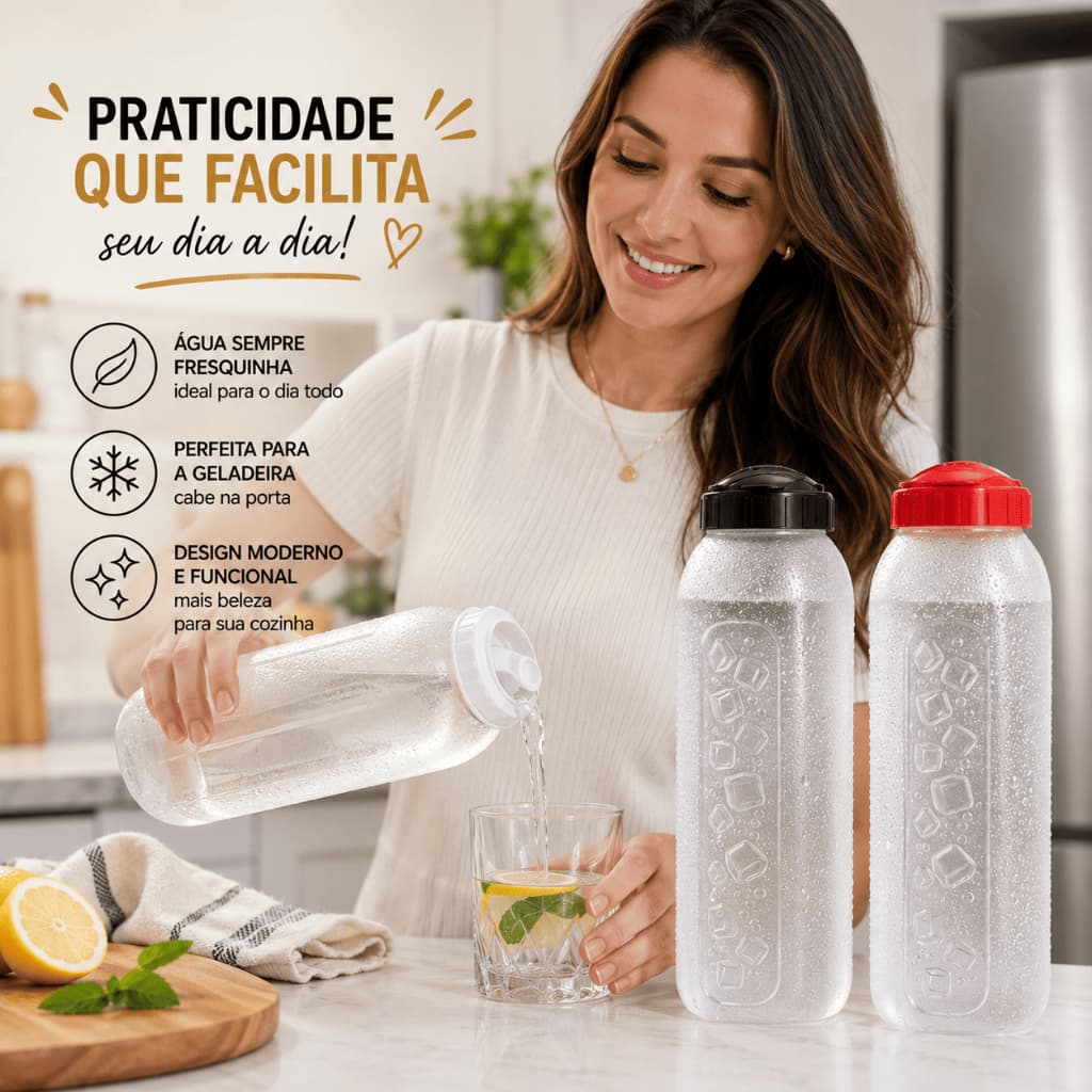 KIT 3 GARRAFAS PLÁSTICAS GELADEIRA 1,5L TRANSPARENTE, TAMPA VERMELHA, PRETA OU BRANCA