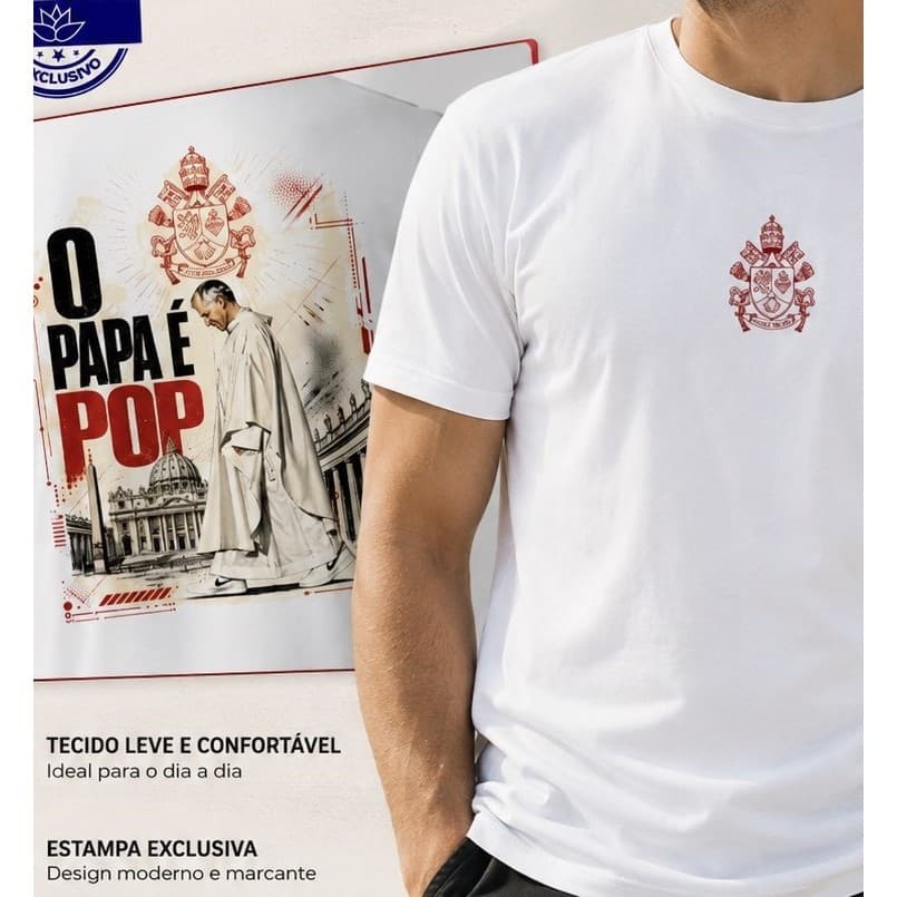 Camiseta Religiosa Católica Estampa Exclusiva O Papa é Pop Papa Leão XIV