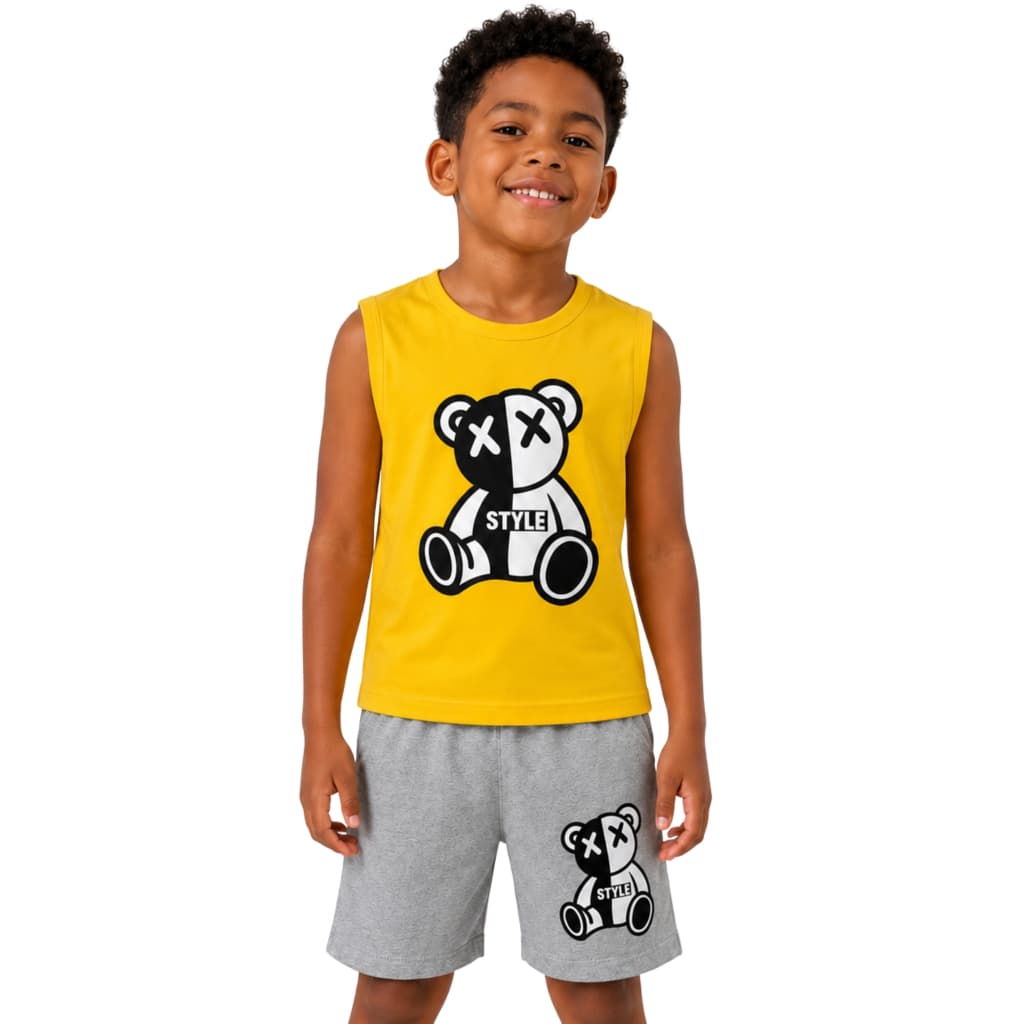 Conjunto Infantil Regata + Bermuda Tactel Menino Masculino Urso Básico Verão Premium