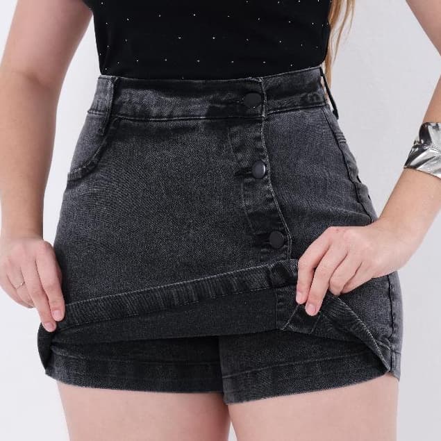 Short Saia Jeans Cargo Feminina Cintura Alta Levanta Bumbum Short Saia Botão Lateral
