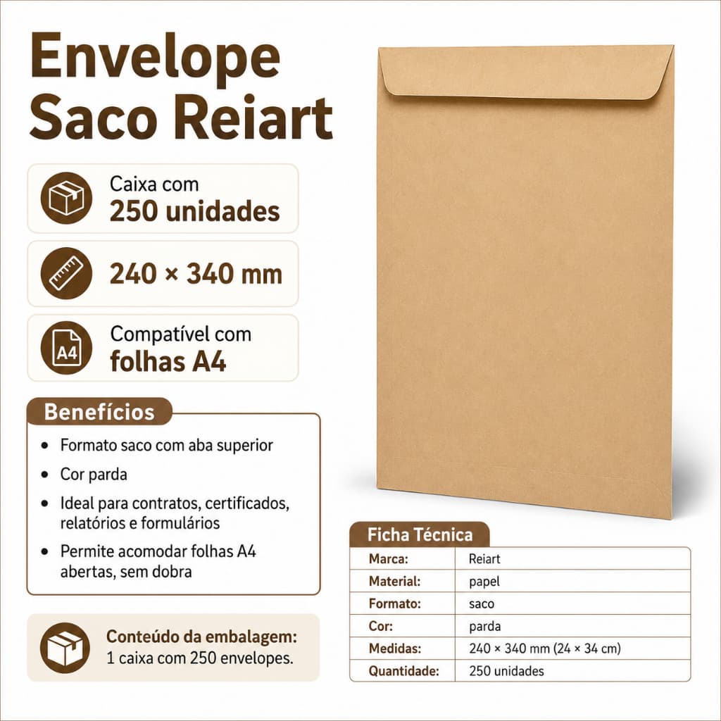 Caixa 250 Envelope Papel Pardo 24x34cm para Folhas A4 Documentos Arquivos Contratos Escritório