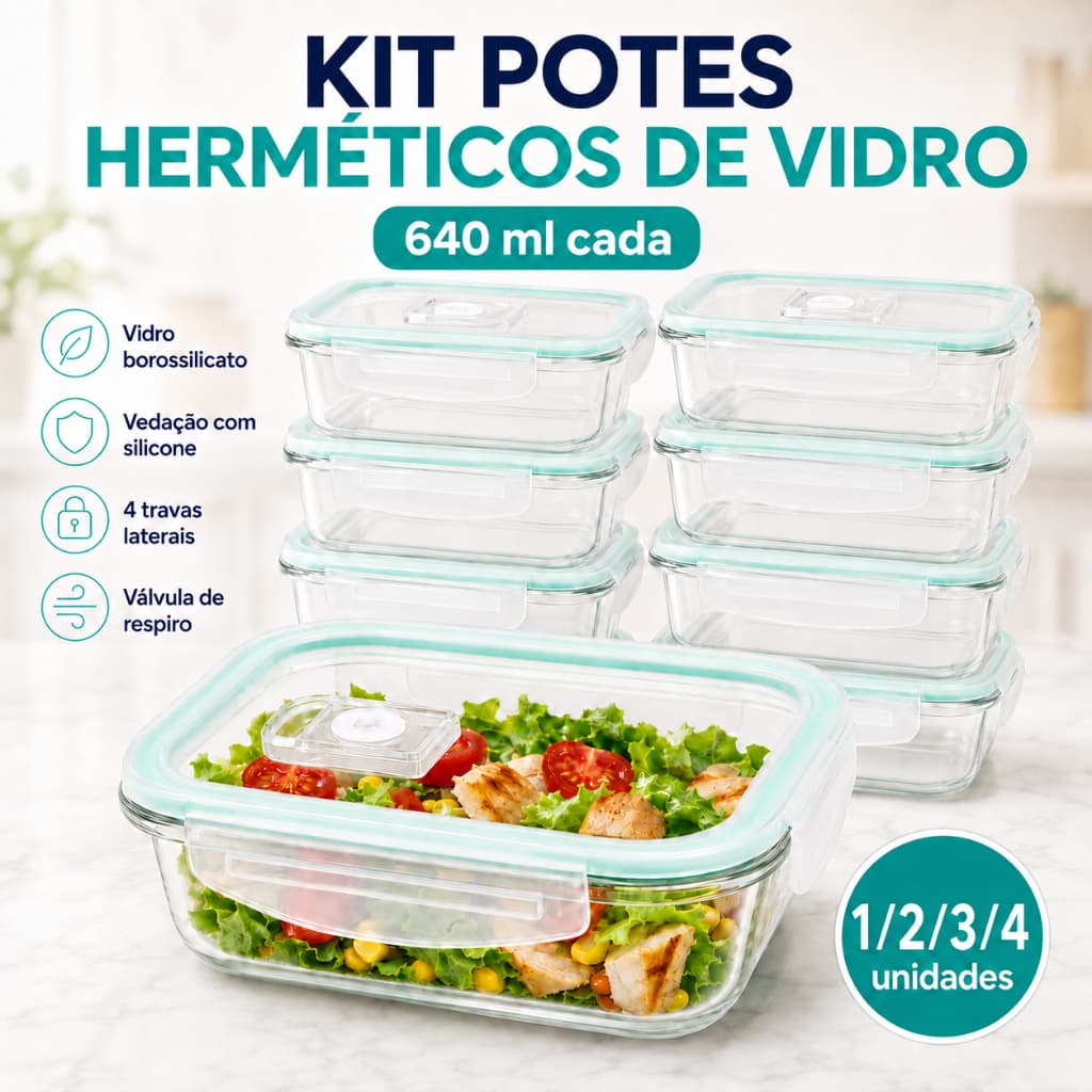 Kit 1/2/3/4 Potes Herméticos 640ml Marmita Fitness Tampa c/ 4 travas Válvula de Respiro Vedação Top!
