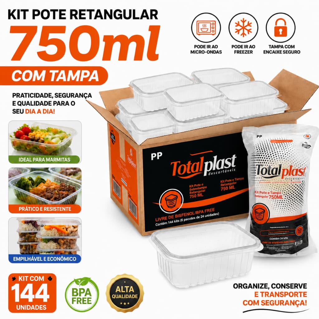 Caixa 144 Potes Retangulares 750ml Com Tampa PP Alimentos Microondas Freezer Totalplast