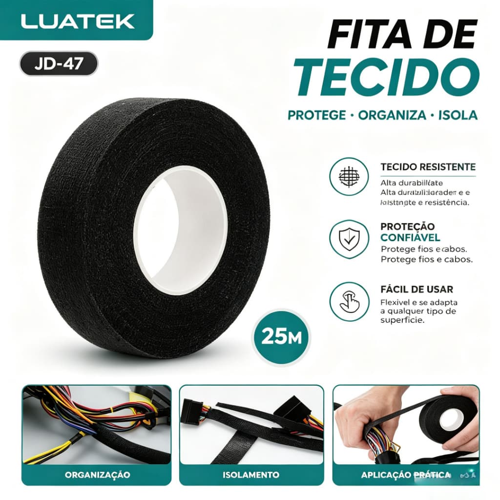 Fita Isolante Tecido Lonada Antichama 25MX19CM Para Chicote Automotivo Fios e Cabos