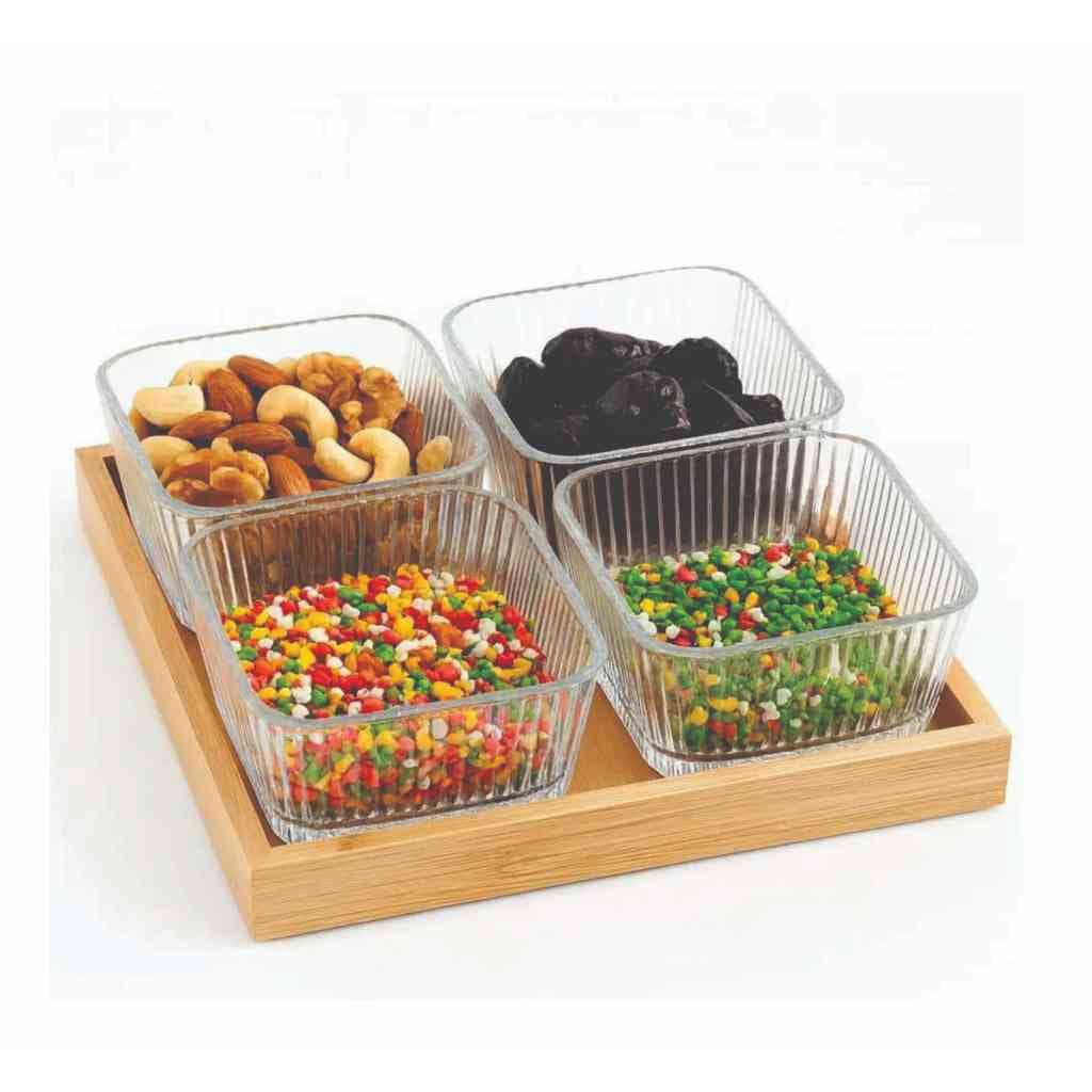 Conjunto Petisqueira Bandeja Bambu Vidro Tabua Frios Servir