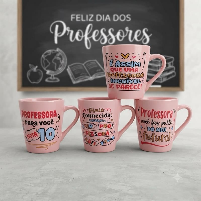 Kit Caneca Cônica Rosa 120ml Professora Xícara Café Chá Porcelana Personalizada Desing Sofisticado Presente Elegante