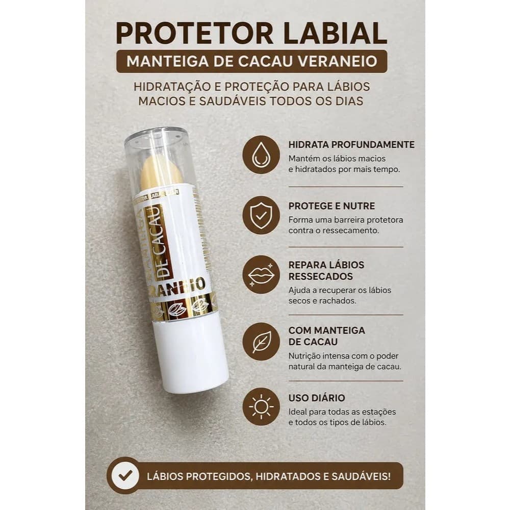 Protetor Labial Manteiga de Cacau VeraneIO 3 UNIDADES