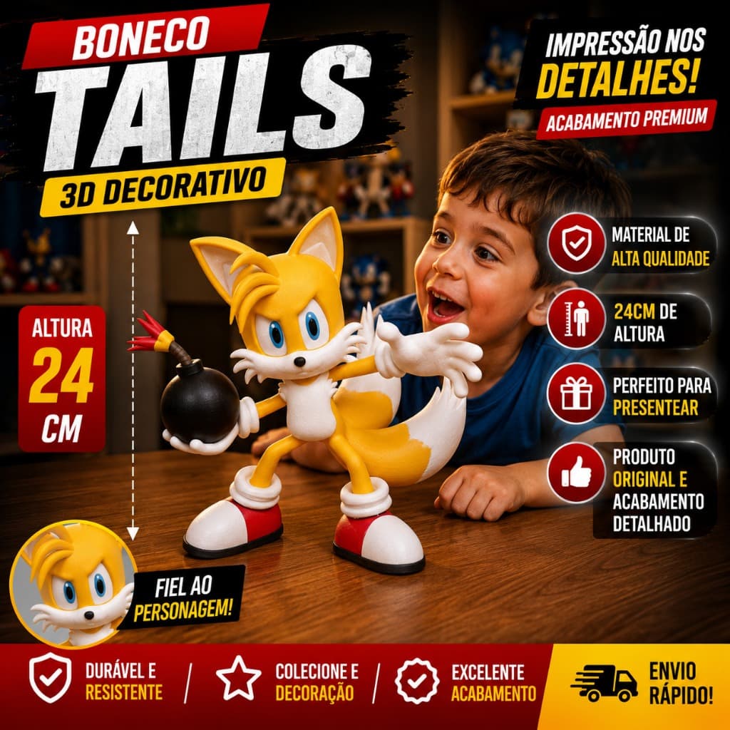 Boneco Tails Sonic Decorativo 3D 24cm | Action Figure Colecionável Geek Presente Gamer