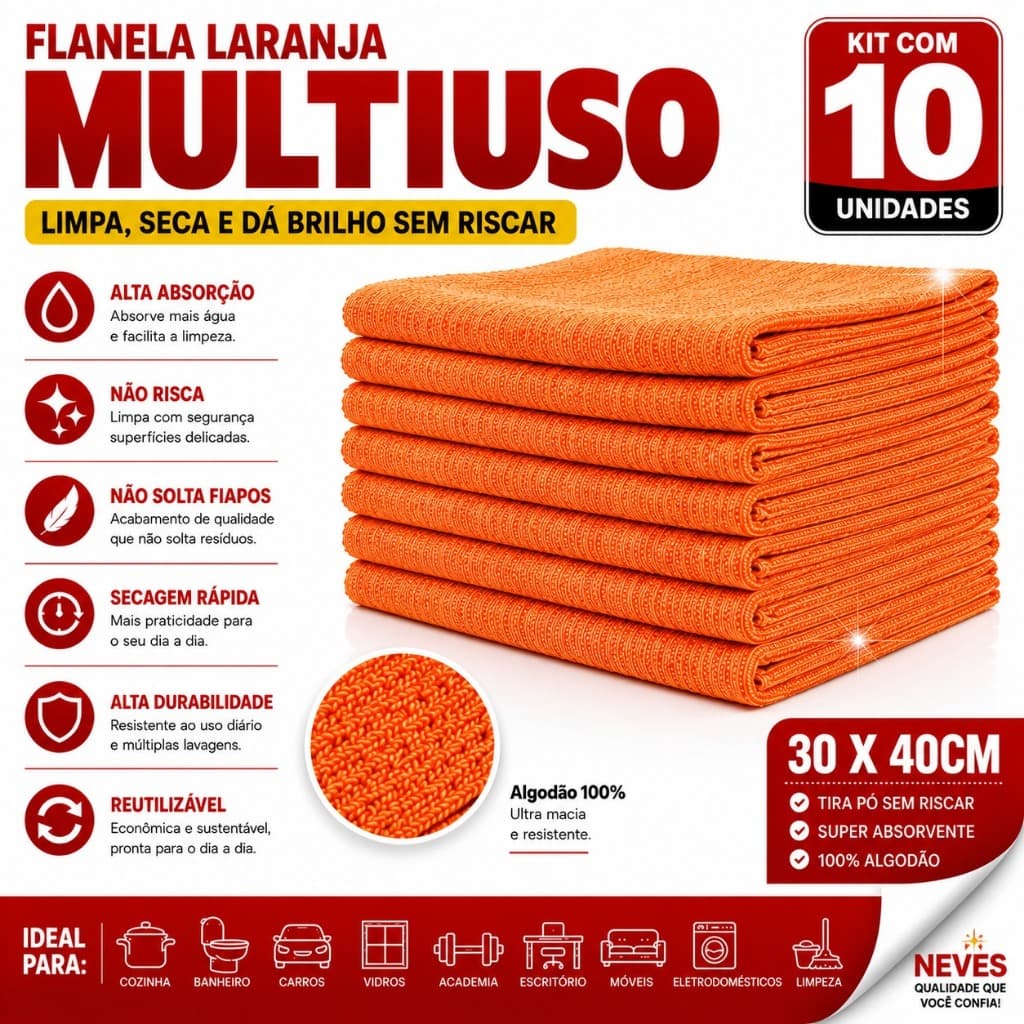 Flanela Laranja 30x40 Para Limpeza Geral Neves 100% Algodão - 10 Unidades